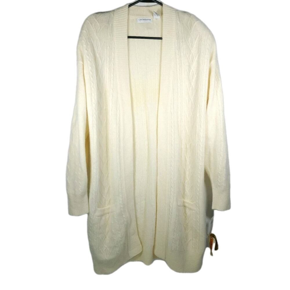 Liz Claiborne Women's Medium Lambswool Beige Cable Knit Open Long Cardigan NWT